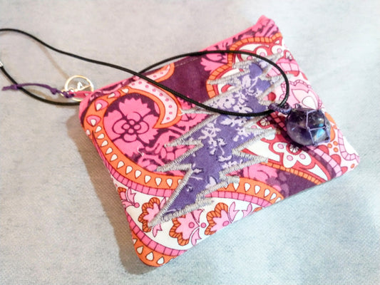 Paisley Grateful Zipper Pouch with Amethyst Stone Pendant Necklace