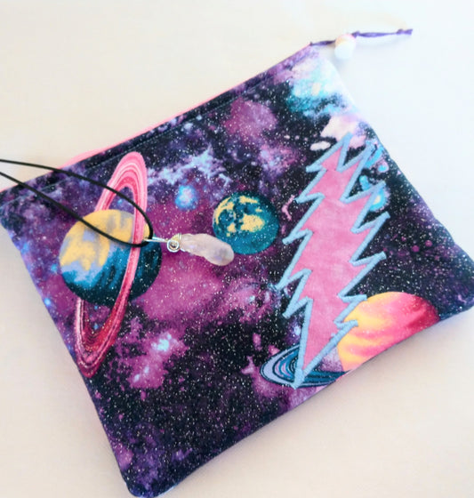 Sparkle Galaxy Bolt Zipper Pouch with Crystal Necklace