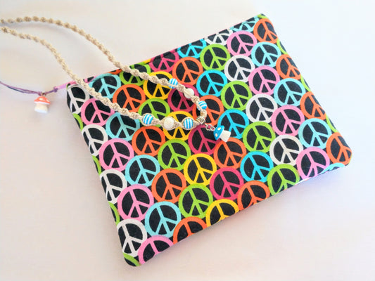 Peace Sign Zipper Pouch with Hemp Mushroom Pendant Necklace