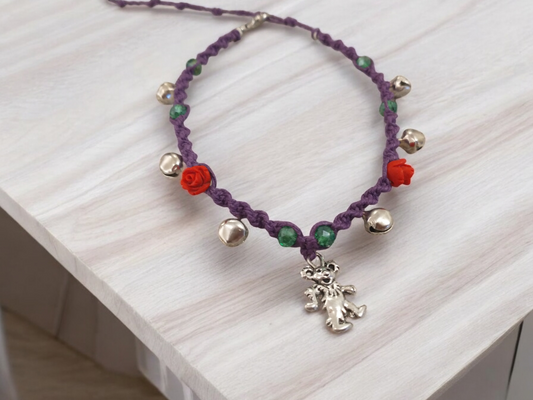 Bear Charm Roses and Bells Hemp Anklet